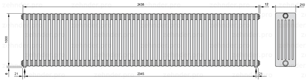Схема (чертеж) Радиатор Zehnder Charleston 6100/53 №3570 Белый глянцевый RAL 9016